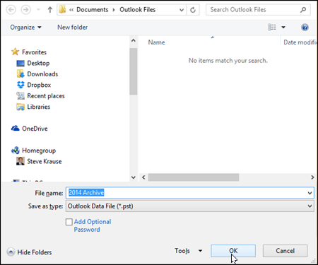 Outlook 2016 - בחר שם ומיקום של קובץ PST