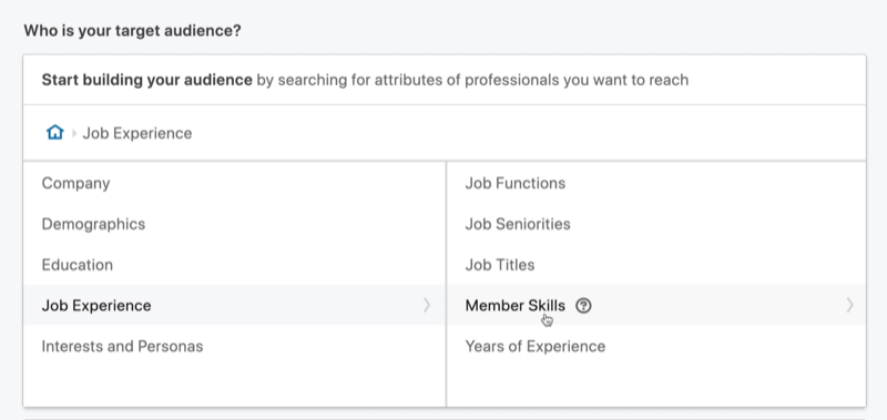בחר מיומנויות חבר למיקוד מודעות להודעות LinkedIn