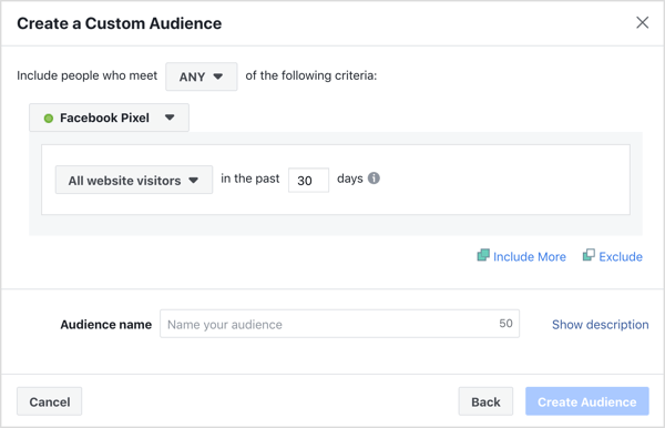 צור קהל מותאם אישית לאתר למיקוד מודעות הפייסבוק שלך.