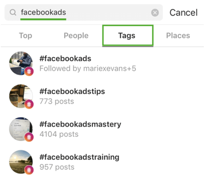 כיצד לגדל אסטרטגית את האינסטגרם שלך בעקבות שלב 9, למצוא hashtags רלוונטיים, למשל לחפש 'facebookads'