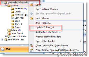 עדכן את רשימת התיקיות של iMAP GMAIL בסרגל הניווט של Outlook 2007