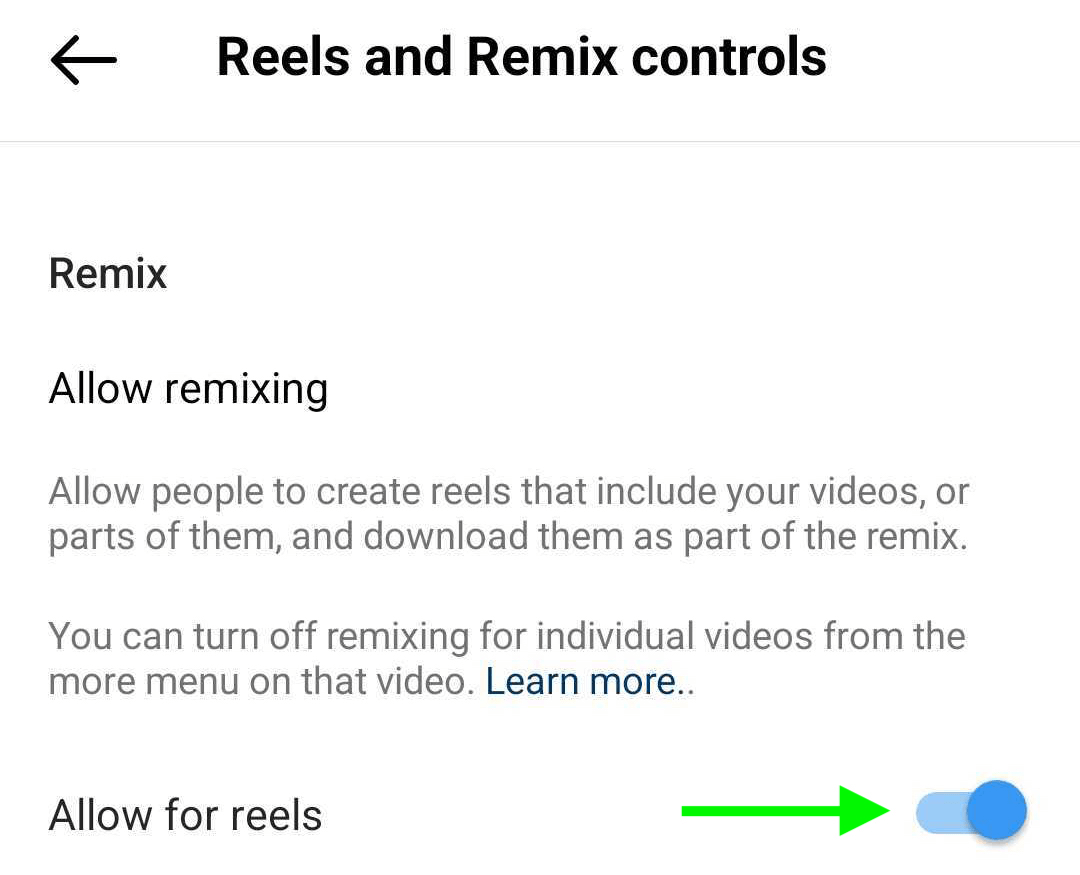 תמונה של Reels ו-Remix Controls בהגדרות הפרופיל העסקי של אינסטגרם