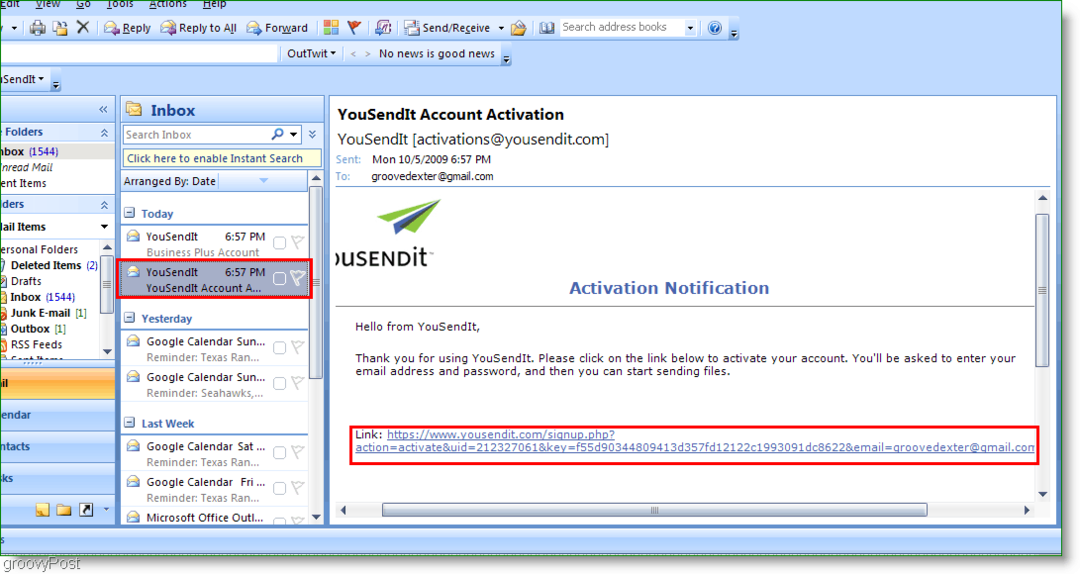 קישור ההפעלה של YouSendIt ב- Outlook