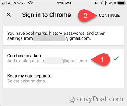 שלב את הנתונים שלי ב- Chrome עבור iOS