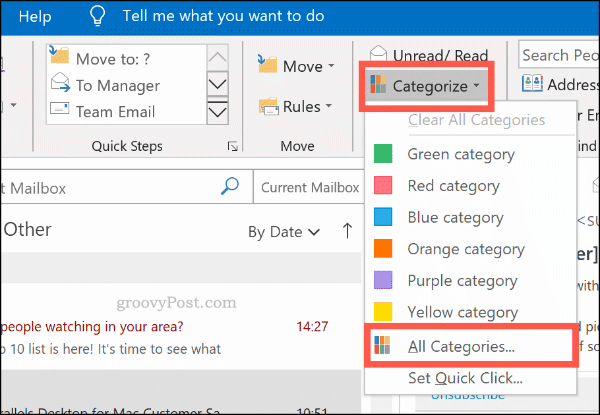 תפריט הקטגוריות לקטגוריות צבע ב- Outlook