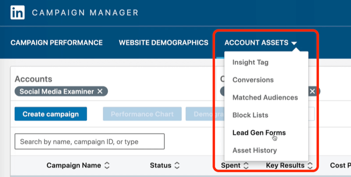 צילום מסך של Lead Gen Forms שנבחרו ב- LinkedIn Campaign Manager
