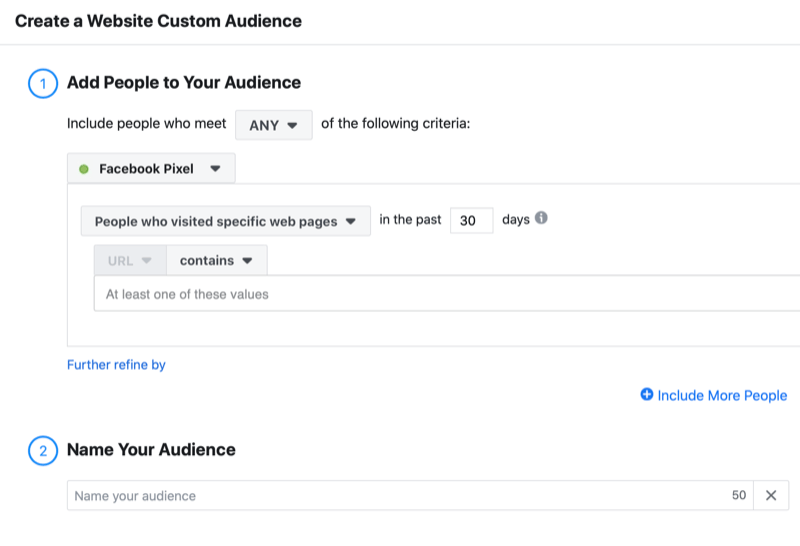 דוגמה לפייסבוק ליצור אתר תפריט קהל מותאם אישית כולל אפשרויות להוסיף אנשים שביקרו דפי אינטרנט ספציפיים ב -30 הימים האחרונים באמצעות פיקסל הפייסבוק יחד עם האפשרות לתת שם לקהל שלך