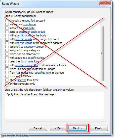 אל תבחר תנאים כלשהם להודעות דוא"ל שנשלחו ב- Outlook 2010