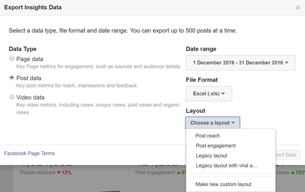 בחר פריסה בעת ייצוא תובנות הנתונים שלך על פוסט פייסבוק.