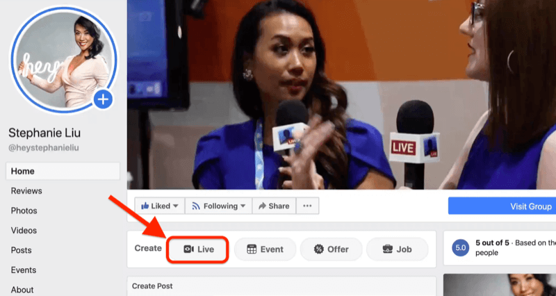 עבור בשידור חי בפייסבוק על ידי לחיצה על כפתור החי בדף העסקי שלך בפייסבוק