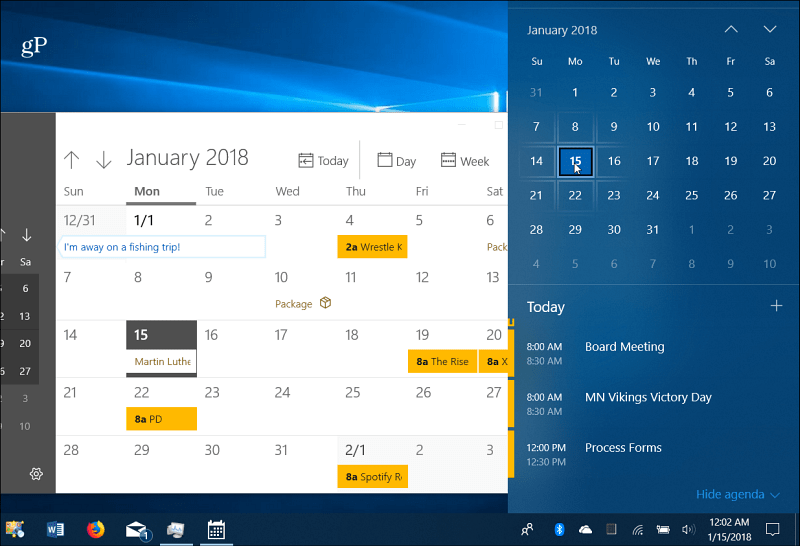 אירועי לוח שנה שורת המשימות של Windows 10