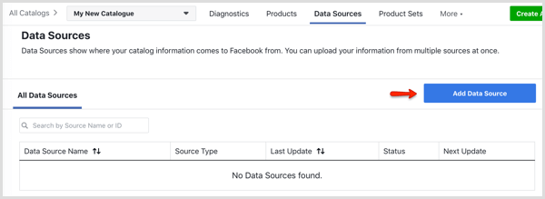 כפתור הוספת מקור נתונים בכרטיסייה מקורות נתונים במנהל הקטלוג של פייסבוק