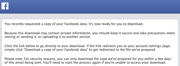פייסבוק תשלח לך דוא"ל כאשר הארכיון שלך מוכן להורדה.