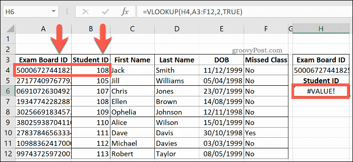 נוסחת VLOOKUP המחזירה שגיאה VALUE ב- Excel
