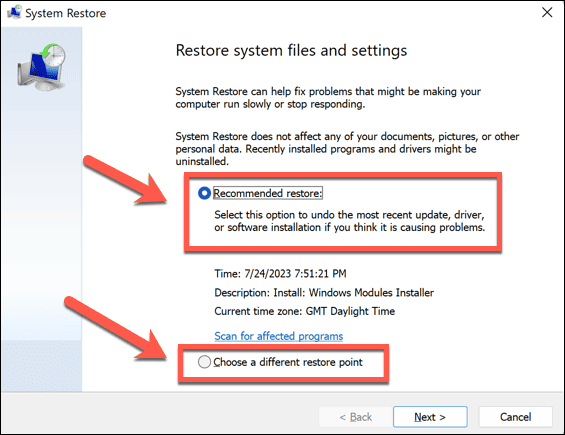 אפשרויות שחזור של Windows 11
