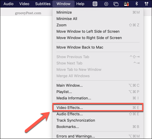 גישה לתפריט אפקטים של וידיאו VLC ב- Mac