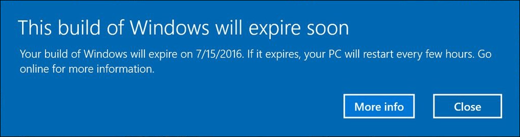 תצוגה מקדימה של Windows 10 Insider בונה התראה למשתמשים עם התראות על פקיעה