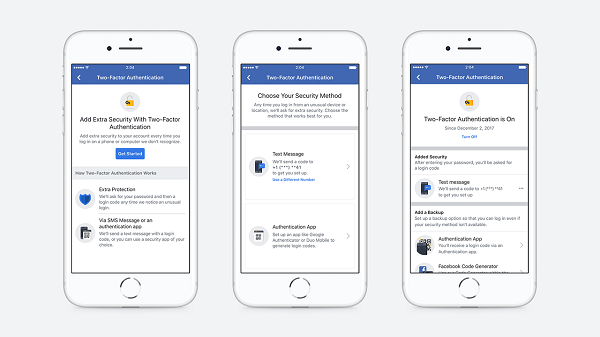 פייסבוק ייעלת את זרימת ההתקנה המאפשרת למשתמשים ליצור הרשאה דו-גורמית וביטלה את הצורך ברישום מספר טלפון כדי לאבטח חשבון.