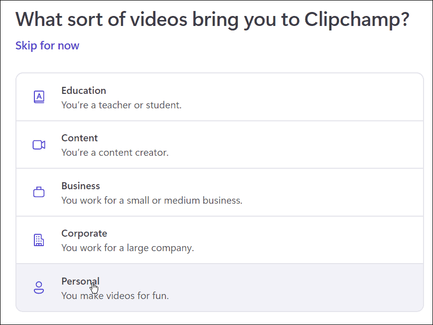 שימוש אישי clipchamp עורך וידאו בחלונות