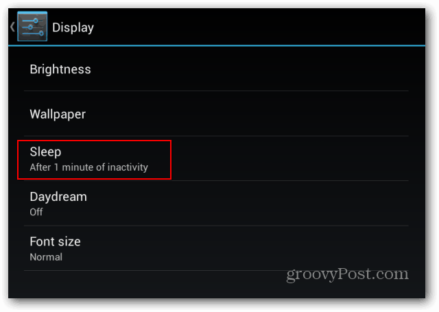 הגדרות מסך נעילה של Goggle Nexus 7 מציגות שינה במצב חוסר פעילות