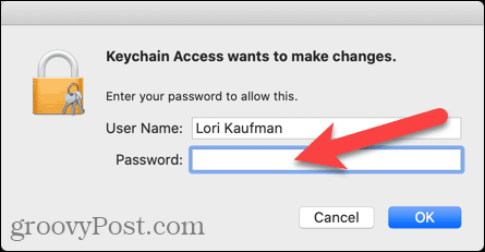 הזן שם משתמש וסיסמה עבור Keychain Access