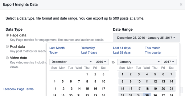באפשרותך לשנות את טווח התאריכים עבור נתוני Facebook Insights שאתה מוריד.