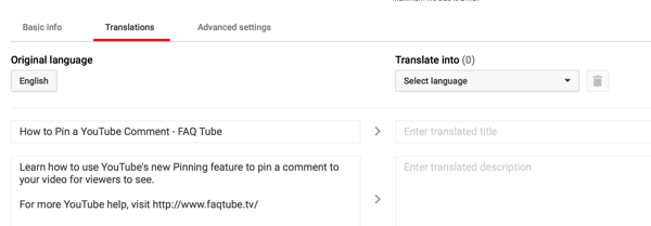 בכרטיסיה תרגומים לסרטון YouTube שלך, הזן כותרת ותיאור מתורגמים.