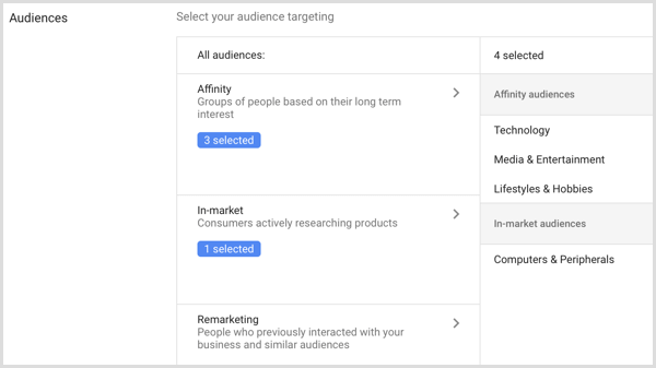 הגדרות קהלים עבור קמפיין Google AdWords.