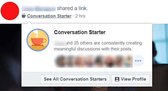 נראה כי פייסבוק מתנסה בתגי Starter Conversation חדשים המדגישים משתמשים ומנהלים שיוצרים כל העת דיונים משמעותיים עם ההודעות שלהם.