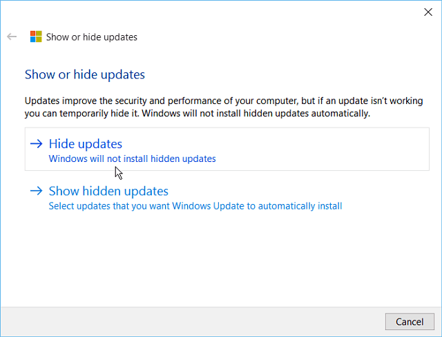 הסתר את כלי העדכון של Windows 10