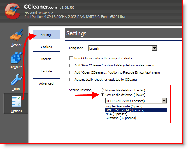 קבע את התצורה של CCleaner לניקוי ומחיקה של קבצים בבטחה 3 פעמים או DOD 5220.22-M