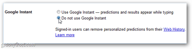 אל תשתמש ב- Google Instant