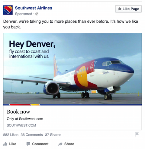 מודעת פייסבוק של חברות תעופה דרום-מערבית