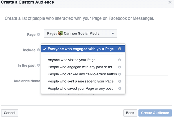 כאשר אתה מצמצם את האפשרויות עבור הקהל המותאם אישית שלך בפייסבוק, אתה מוצא דרכים ספציפיות להגדיר את הקהל שאליו אתה רוצה למקד, כגון אינטראקציות ספציפיות לדפים אלה.