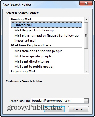 תיקיות חיפוש של Outlook 2013 חדשות