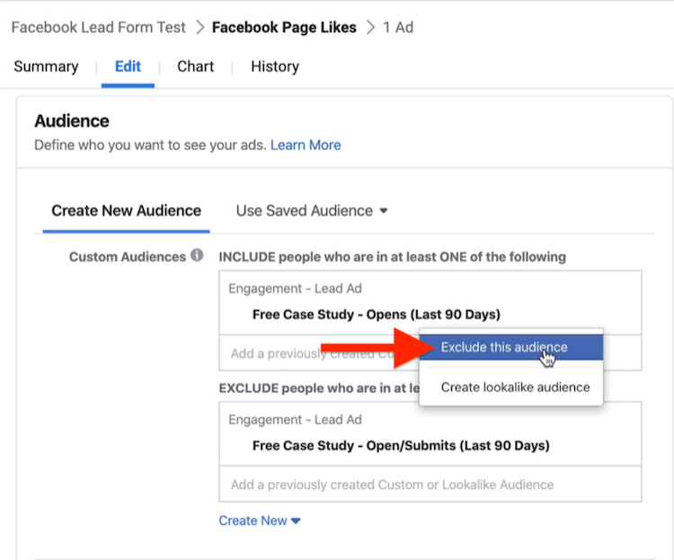 אל תכלול אפשרות קהל זו בקטע 'קהל' בהגדרת מסע הפרסום בפייסבוק