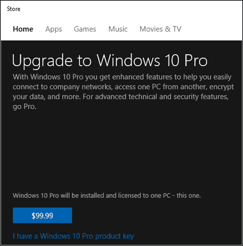חנות המארזים של Windows 10 Pro Pack של מיקרוסופט