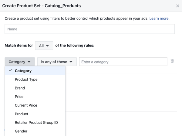 השתמש בכלי הגדרת האירועים של פייסבוק, שלב 28, אפשרות התפריט של פייסבוק כדי להחיל מסננים שעליהם מוצגים מוצרים ללקוחות