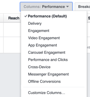 לחץ על הרשימה הנפתחת עמודות לקבלת אפשרויות לשינוי העמודות שאתה רואה במנהל המודעות של פייסבוק.