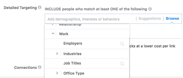 פייסבוק מציעה אפשרויות מיקוד מפורטות על סמך עבודת הקהל שלך.