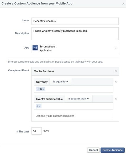 יישום סלולרי לקהל המותאם אישית של פייסבוק