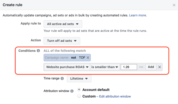 השתמש בכללים האוטומטיים של פייסבוק, עצור את הגדרת המודעה כאשר ההחזר על הוצאות פרסום יורד מתחת למינימום, שלב 3, הגדרות תנאי