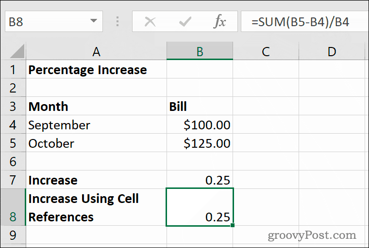 דוגמה לעלייה באחוזים ב- Microsoft Excel