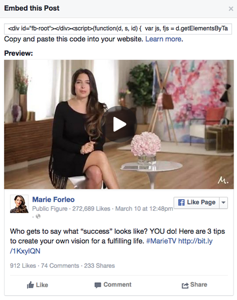 marie forleo וידאו בפייסבוק הודעה להטמיע קוד