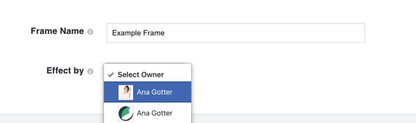 בחר את דף העסק שלך בפייסבוק כבעלים של המסגרת אם הוא מקדם את המותג שלך.