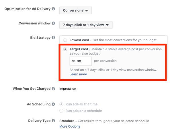 טיפים להורדת עלויות המודעות שלך בפייסבוק, אפשרות להגדיר אסטרטגיית הצעת מחיר למיקוד העלות