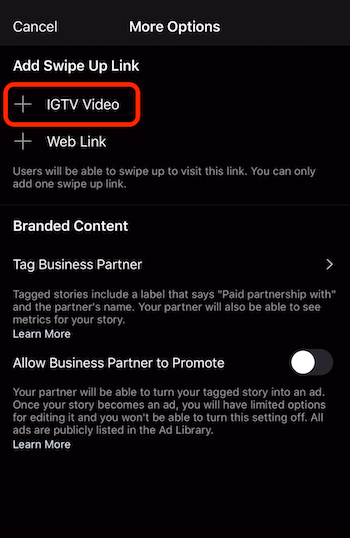 אפשרות להוסיף קישור החלקה לסרטון IGTV
