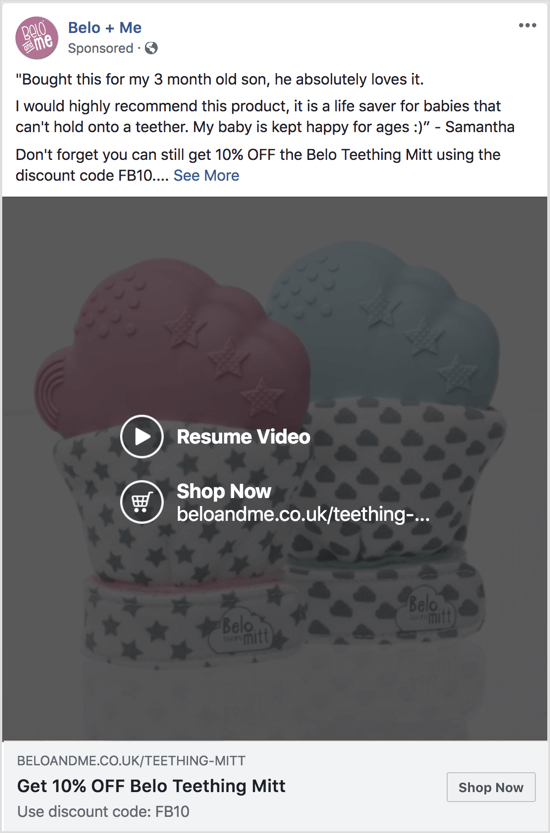 מודעת פייסבוק זו משתמשת בסרטון מצגת כדי לקדם הנחה על מוצר ספציפי.