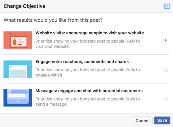 האפשרויות האובייקטיביות לפוסטים מוגברים מבוססות על המדיה המשמשת את הפוסט שלך בפייסבוק.