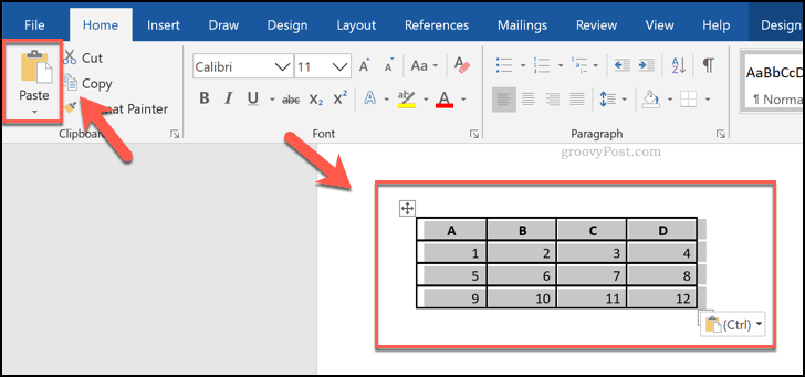 תאים שהודבקו מגיליון אלקטרוני של Excel, מוצגים כטבלה ב- Word